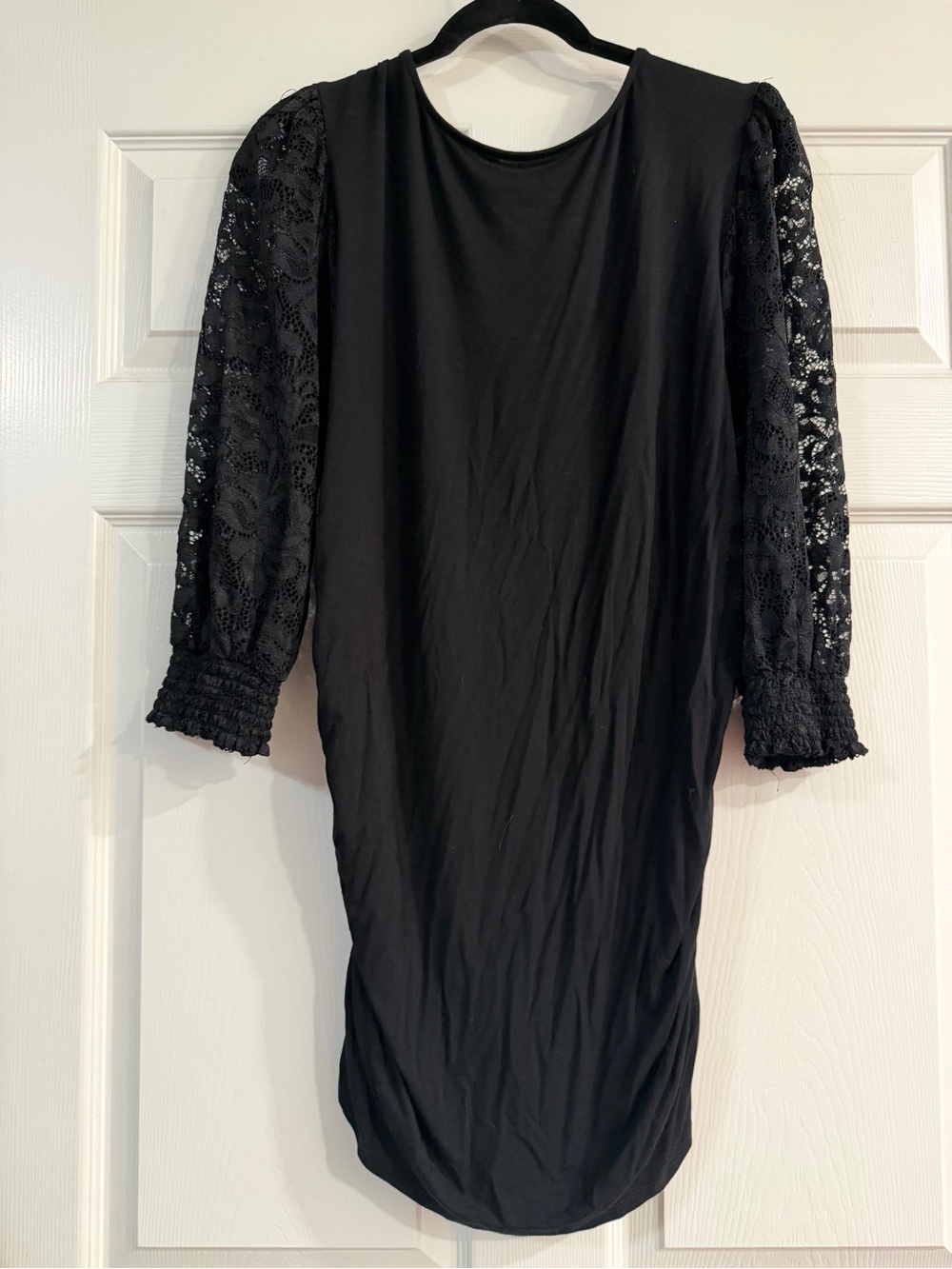 Torrid Black Ruched V-Neck Top with Lace Sleeves - Picture 3 of 5